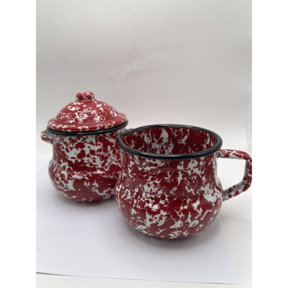 Vintage Enamelware Sugar Bowl & Creamer Set Red Splatterware Farmhouse Decor
